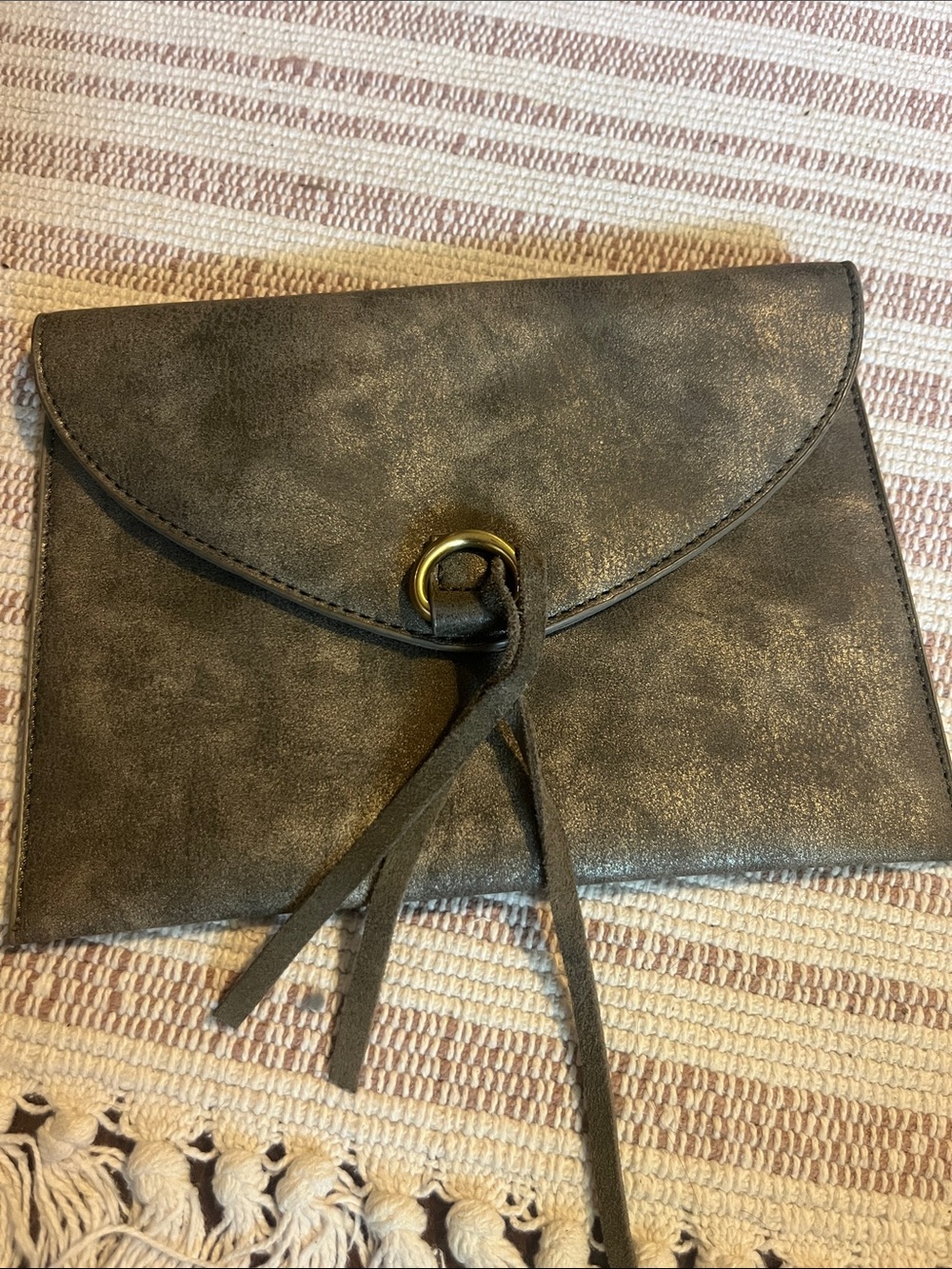 By Anthropologie vegan leather envelope clutch, metallic olive green